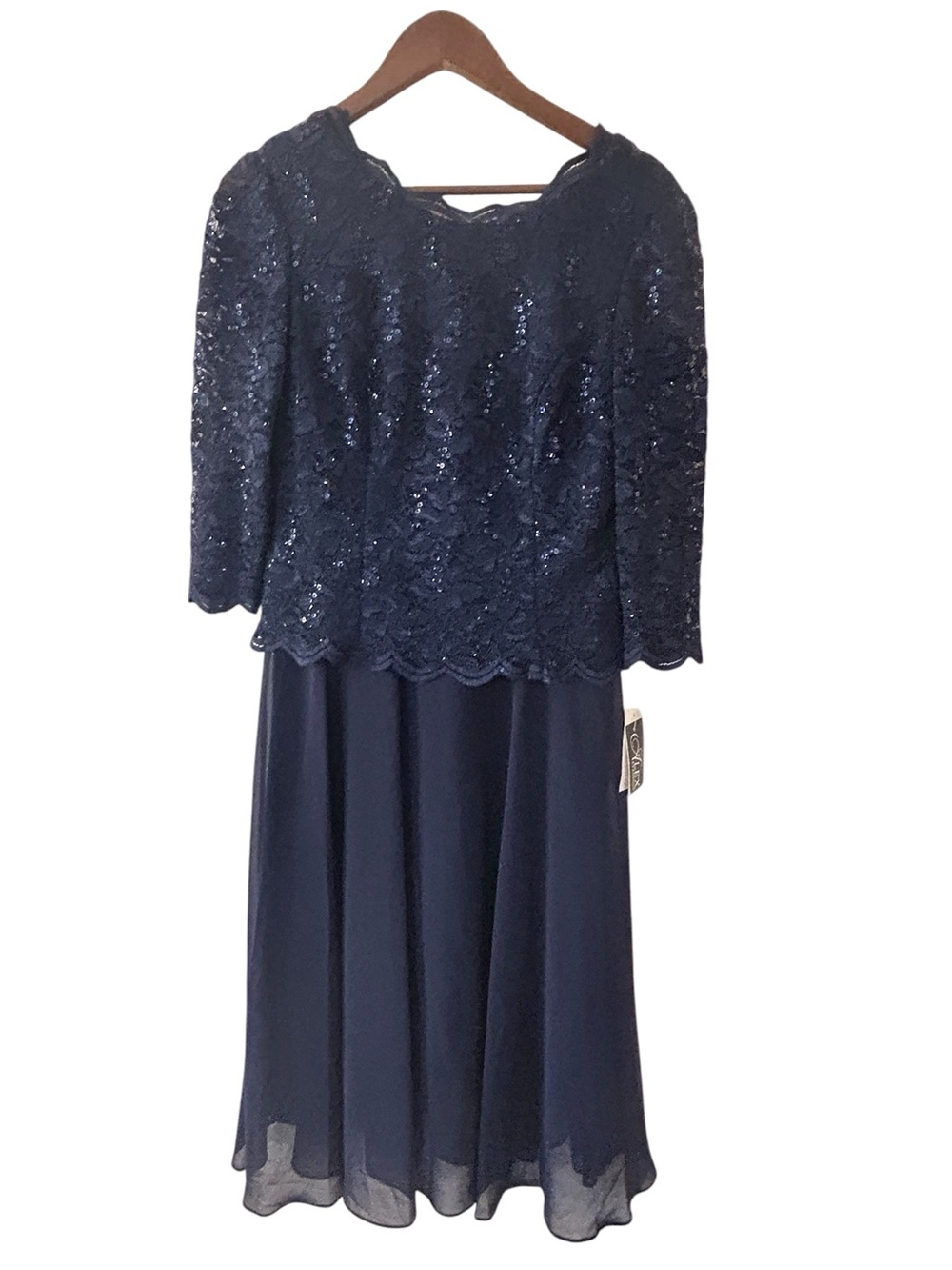 Alex Evenings Navy Sequin Lace Chiffon Midi Dress Women’s Size 6 NWT Wedding